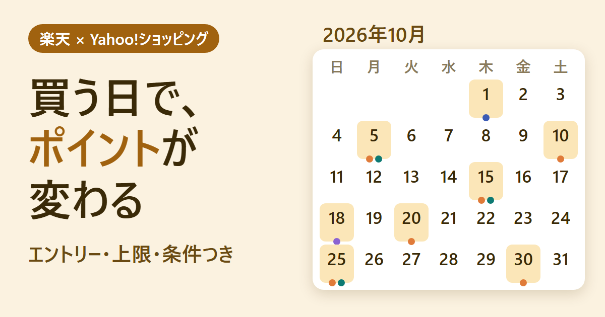 2026年10月のカレンダー。楽天とYahoo!の、ポイントが変わる日に色がついている