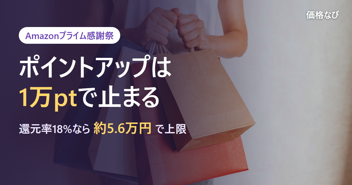 Amazonプライム感謝祭。ポイントアップは1万ptで止まる。還元率18%なら約5.6万円で上限。紙袋を持つ人の写真