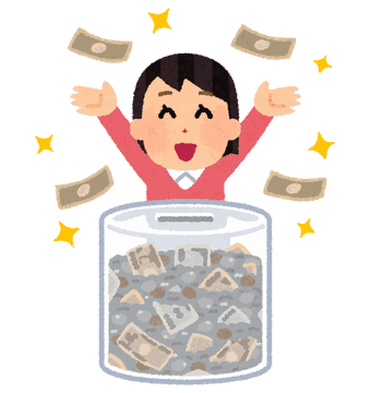 貯金箱がいっぱいになって喜ぶ女性のイラスト