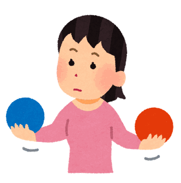 両手のボールを見比べる女性のイラスト