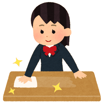 テーブルを拭いてお手入れする人のイラスト